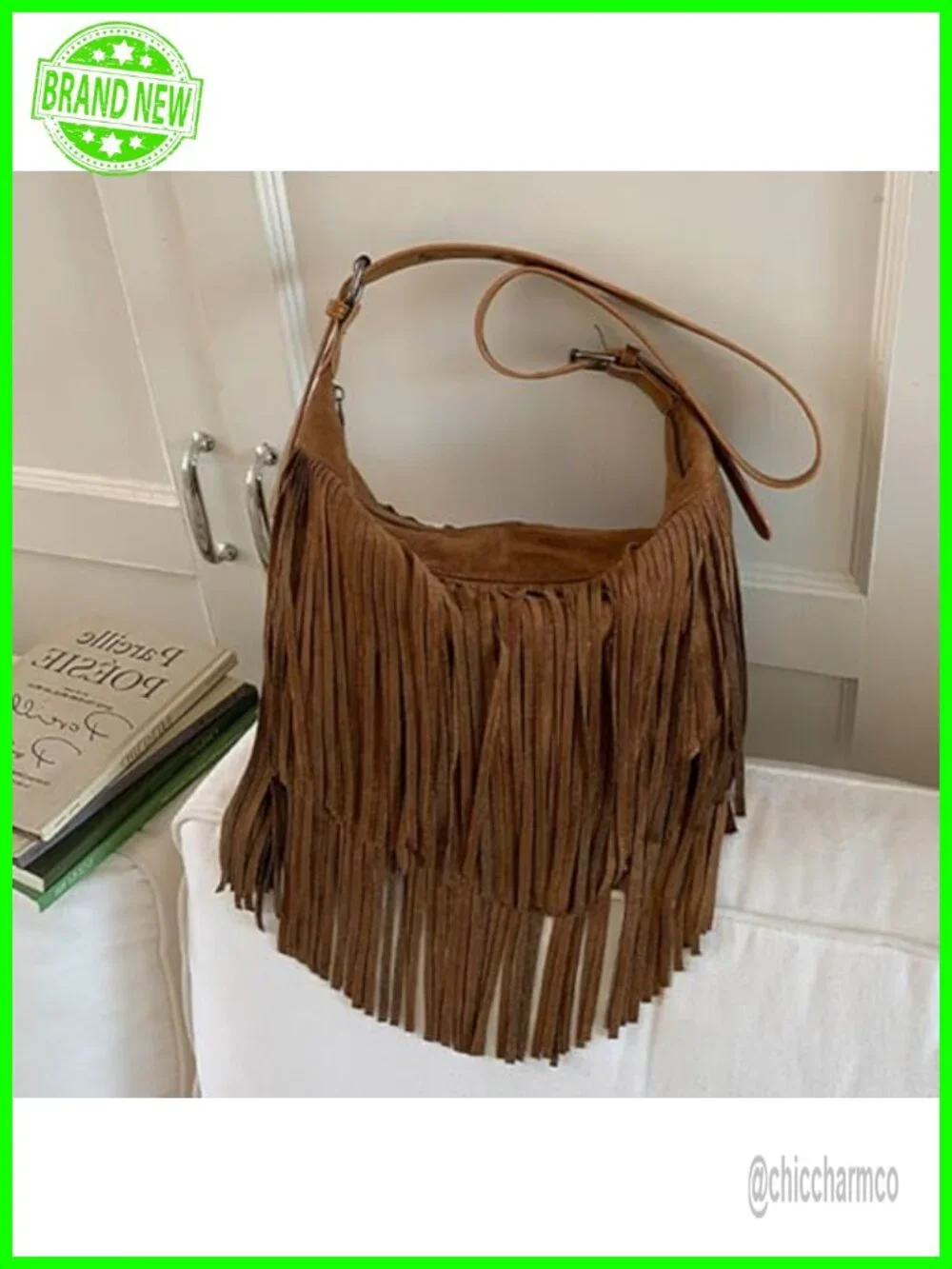Boho Fringe Hobo Bag, Suede Leather Crossbody Shoulder Bag with Adjustable Strap